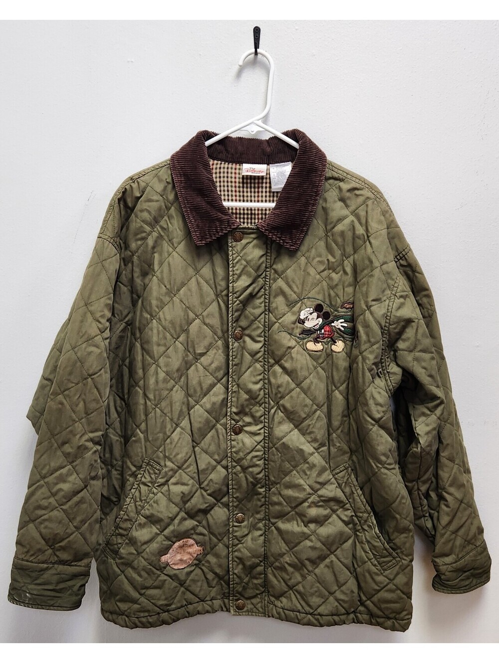 Vintage 90s Disney Store Quilted Barn Jacket Mickey Pluto Olive Green Corduroy L